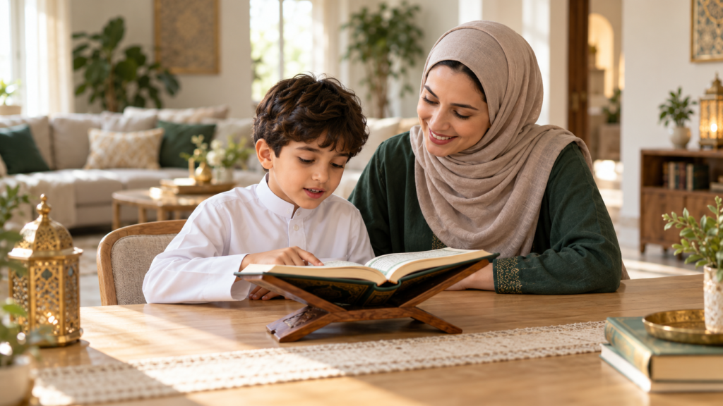 أم تساعد طفلها على قراءة القرآن بهدوء وتشجيع في المنزل.