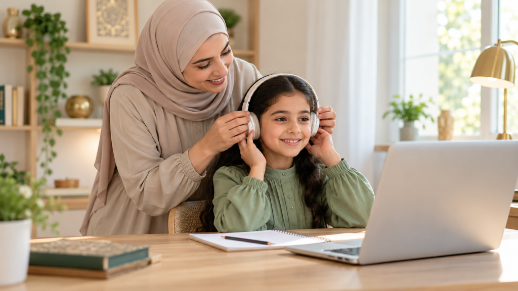 أم تساعد ابنتها على ارتداء السماعة استعدادًا لأول درس أونلاين.