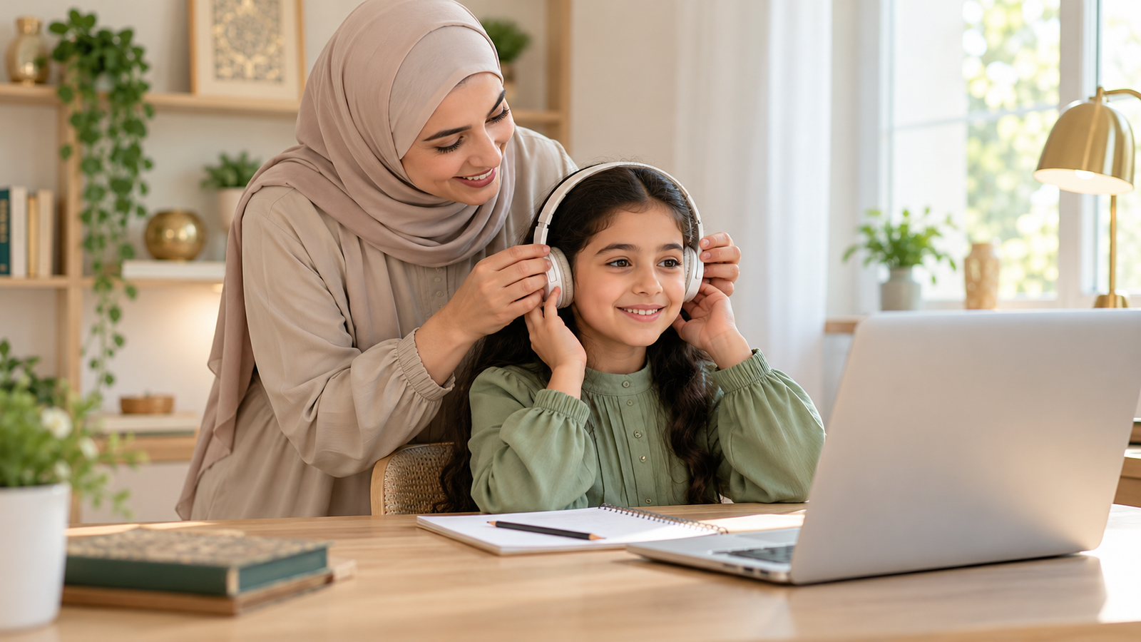 أم تساعد ابنتها على ارتداء السماعة استعدادًا لأول درس أونلاين.
