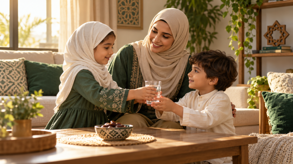 طفلة تقدّم الماء لأخيها بتشجيع من والدتها، في موقف يعكس الرحمة وحسن التعامل.